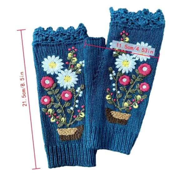 Accessories - Handmade Flower Embroidered Gloves Women's Fingerless Knit Gloves